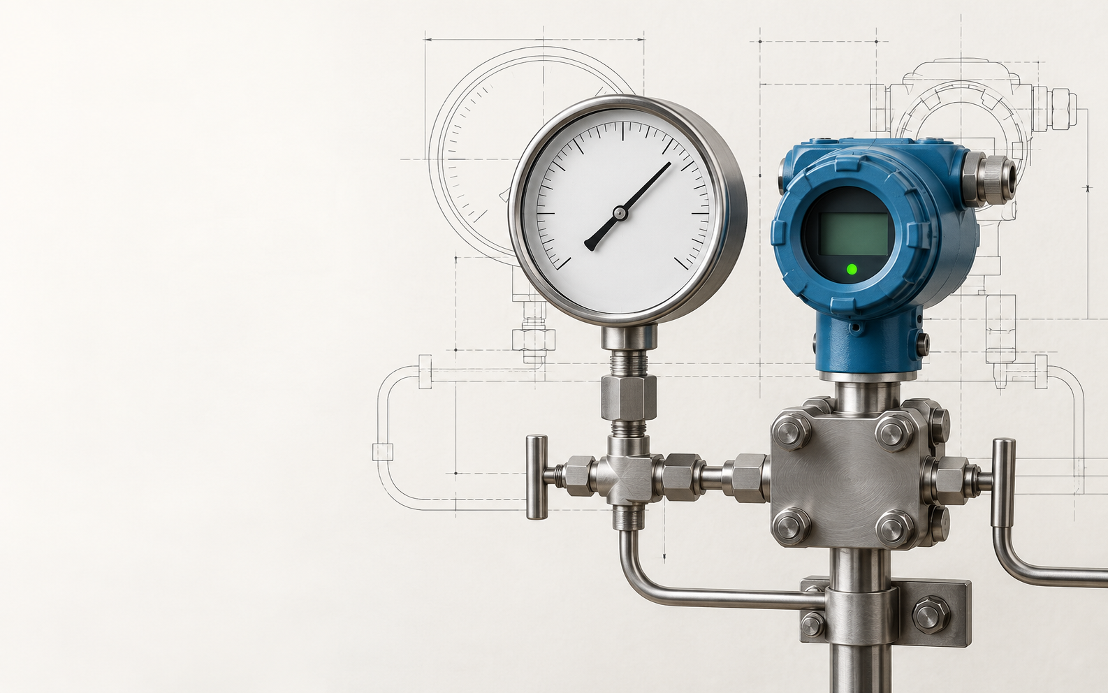 Pressure gauge and smart transmitter connected through a manifold, shown with engineering drafting lines