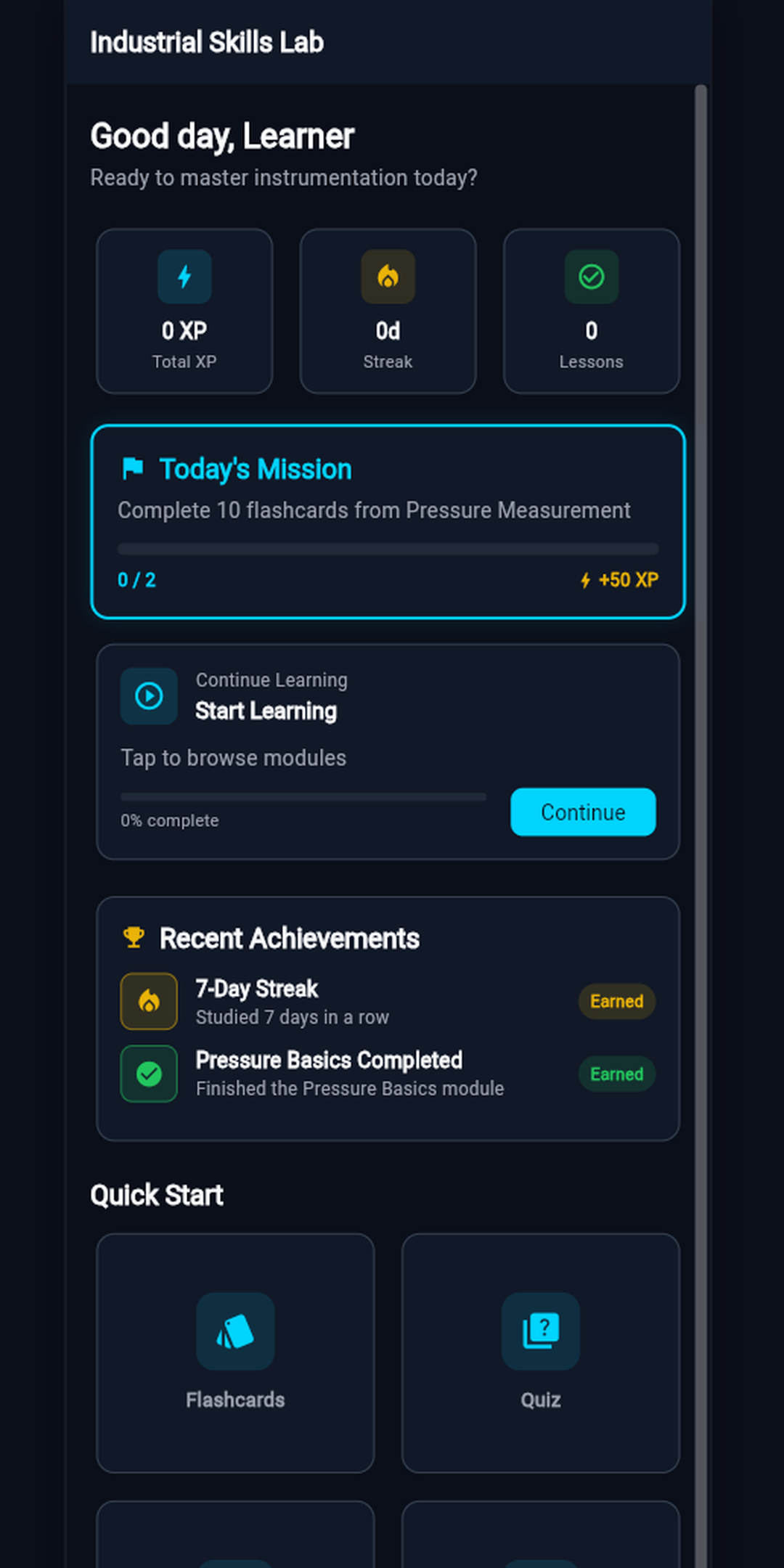 Industrial Skills Lab home screen showing daily mission and study entry points
