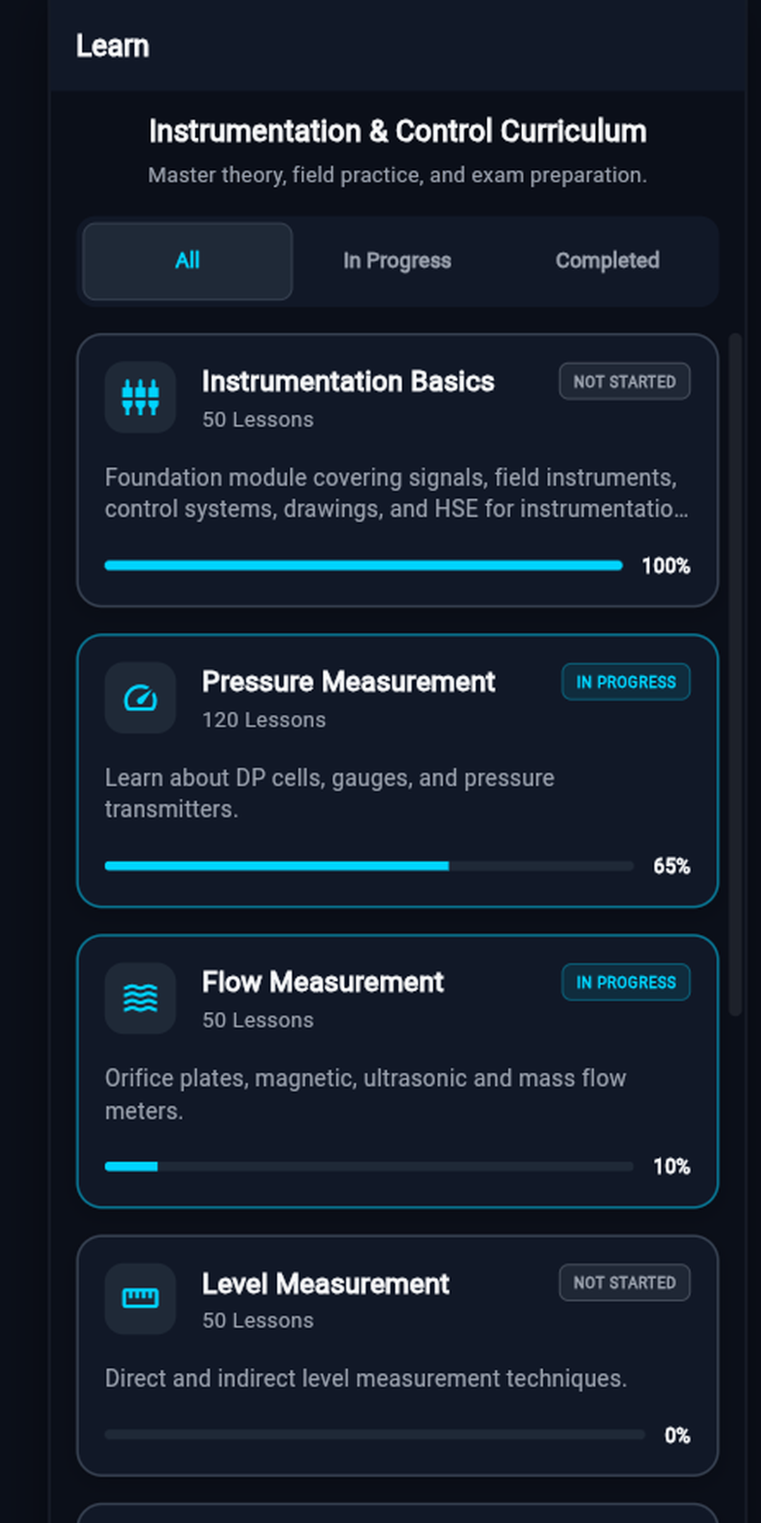 Industrial Skills Lab learn tracks screen with instrumentation modules