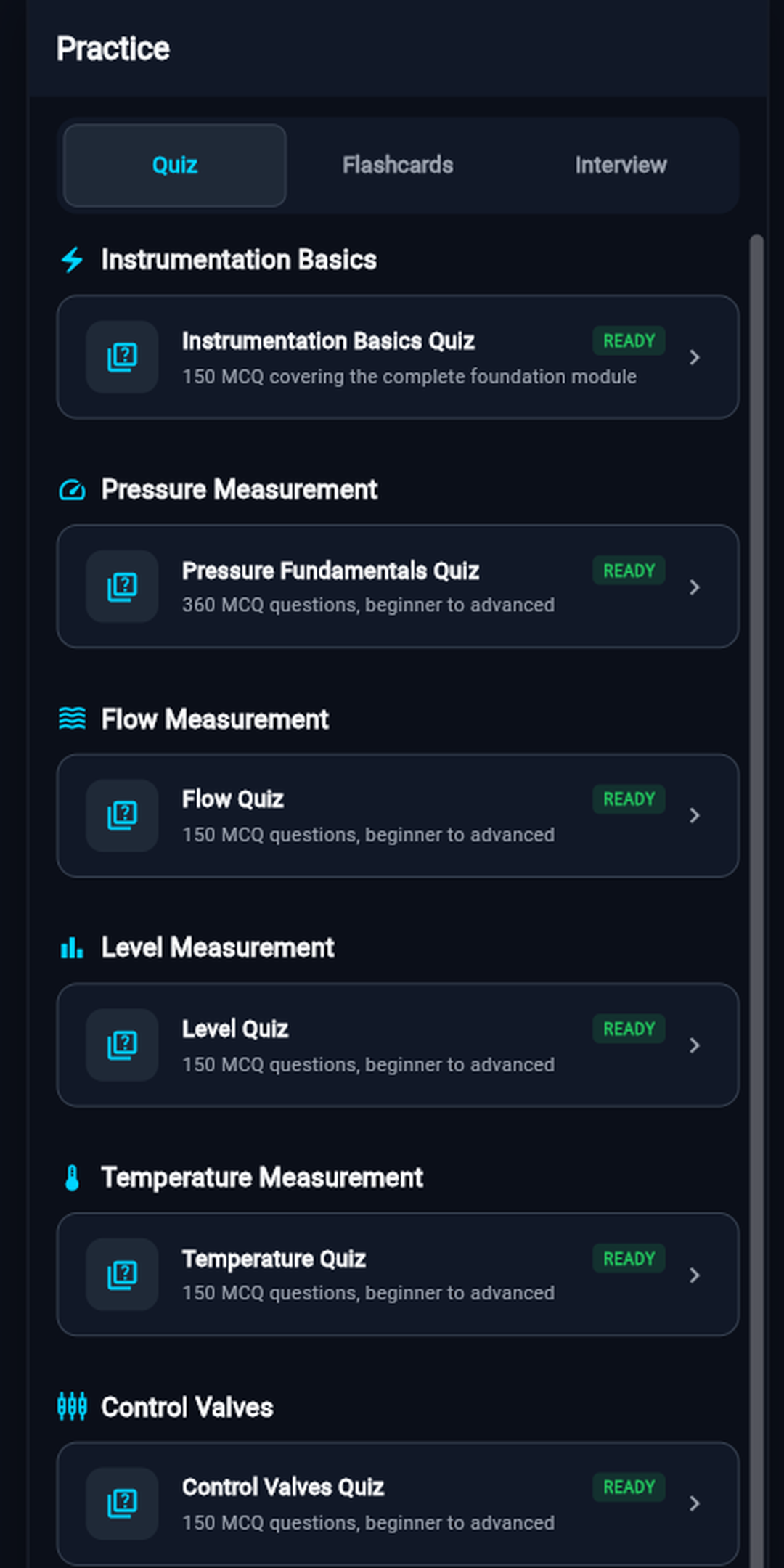 Industrial Skills Lab practice quiz listing screen